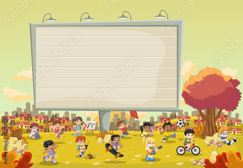 Colorful park in the city with a big billboard and cartoon children playing. Sports and toys.
