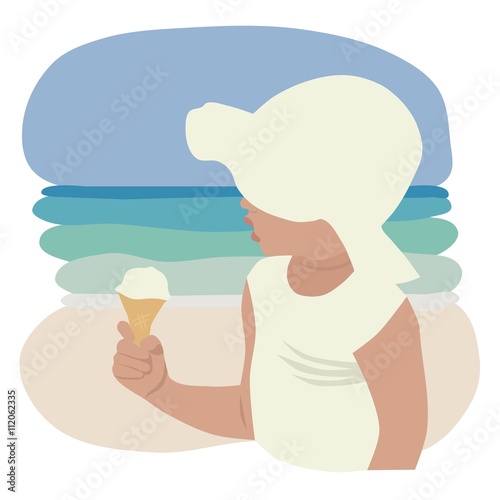 Child in sunhat eating ice cream, vector