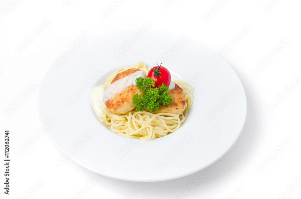 Spaghetti with chicken meatballs on a white background
