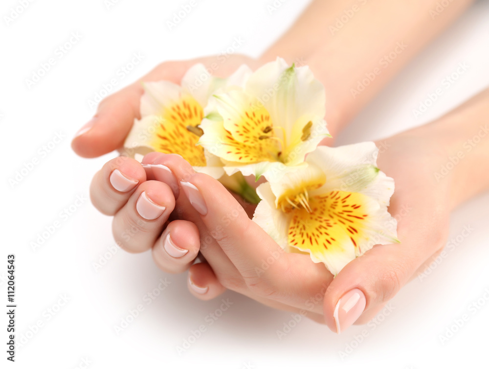 Woman hands with beautiful manicure and white lily isolated on white background