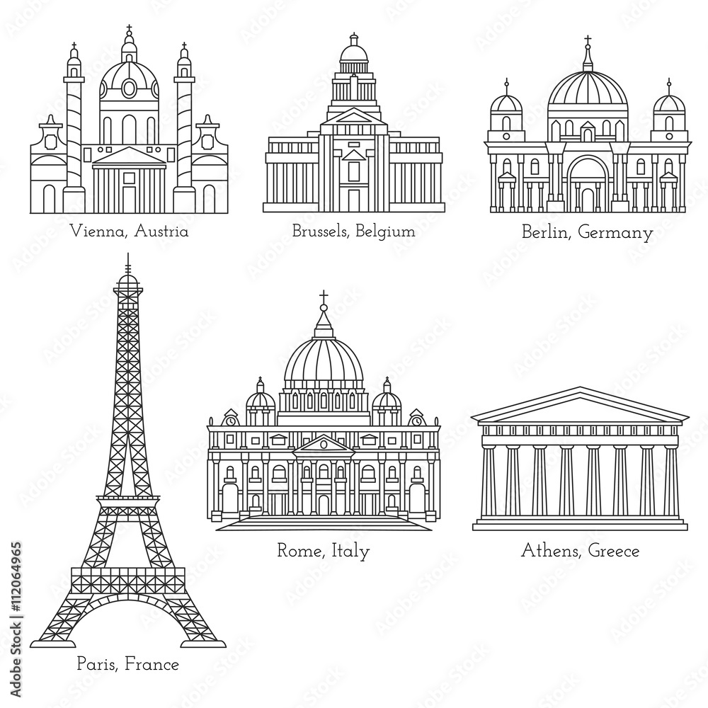 European landmarks line icons