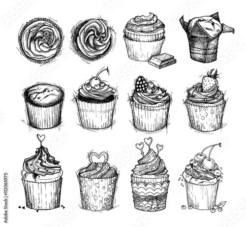 Hand-drawn vector illustration - Sweet cupcakes. Line art. Isola