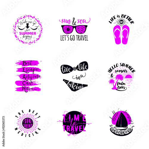 Summer typography sticker set. Summertime vintage quotes