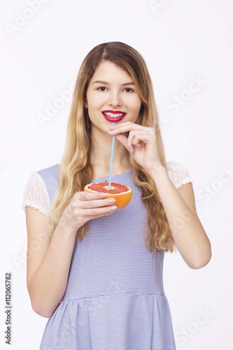 Happy woman with fruit