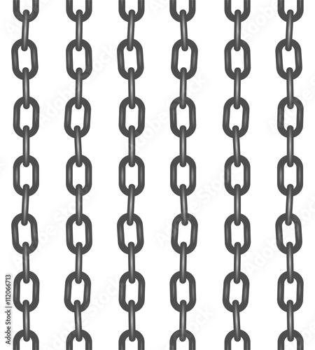 Background from gray iron chains hanging on a white background. Hanging chains made of steel parts in the line below.