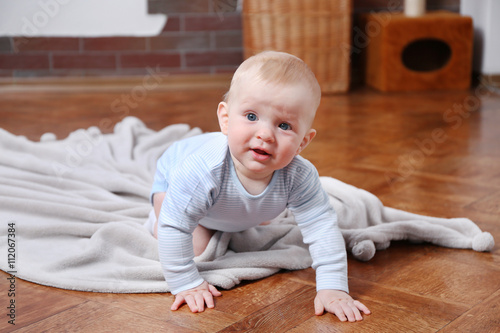 Crawling baby on the blanket in the room