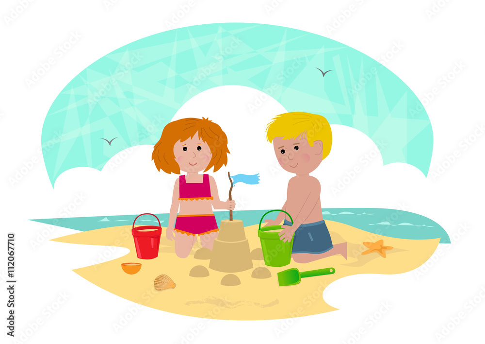 Building a Sandcastle - Clip art of a boy and a girl building a sandcastle. Eps10