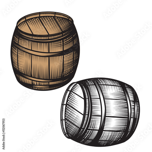 Beer barrel , wine Barrel, Barrel of beer. Old brewery. A barrel of alcohol, black and white vintage engraved hand drawn vector illustration. Craft beer container sketch