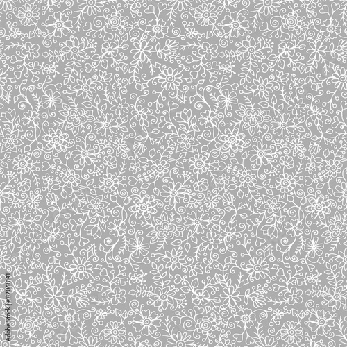 Grey monochrome seamless hand drawn pattern with flowers. Doodle