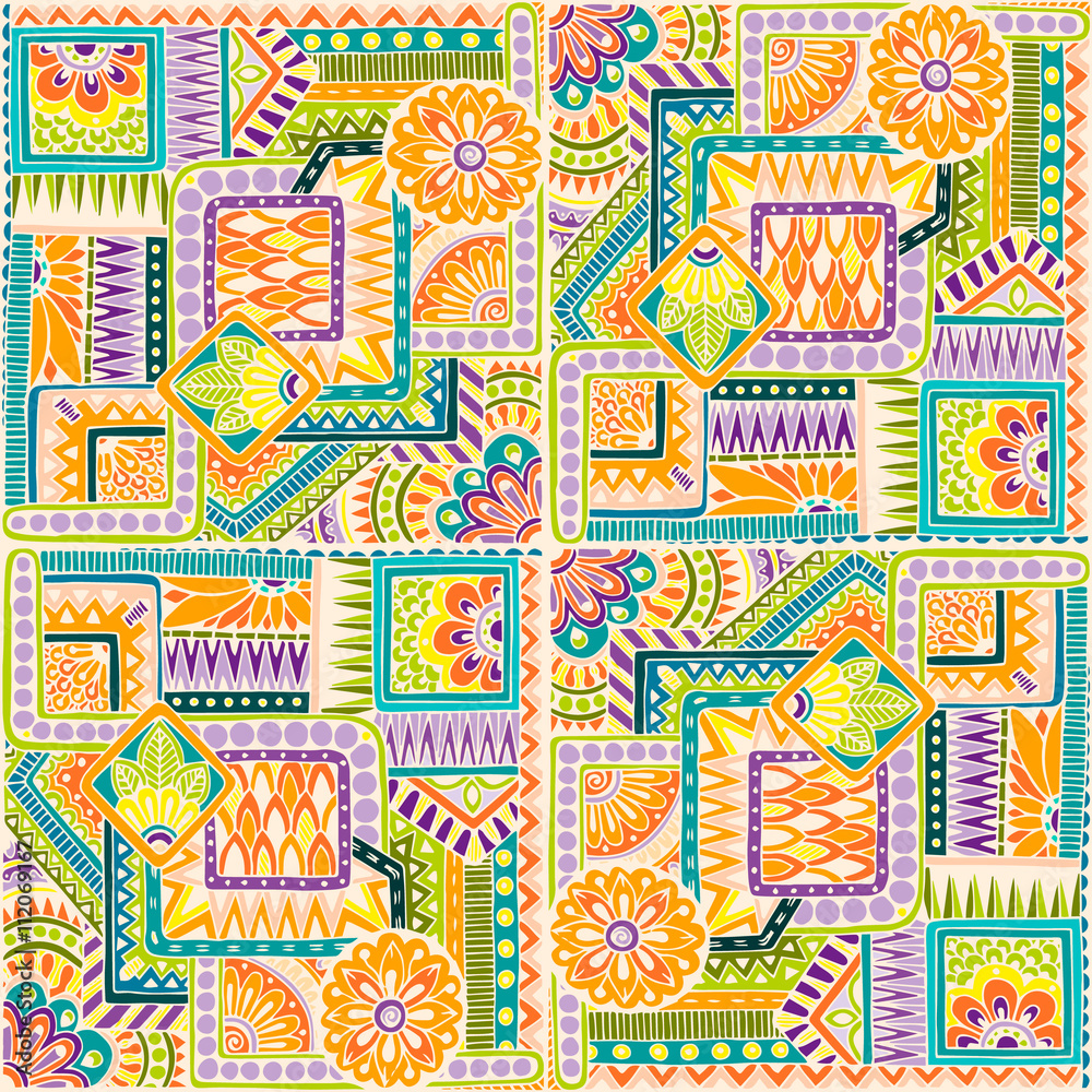 Obraz premium Seamless asian ethnic floral retro doodle background pattern in