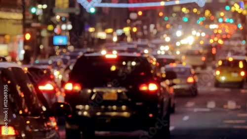 NYC blurred jammed street traffic at night