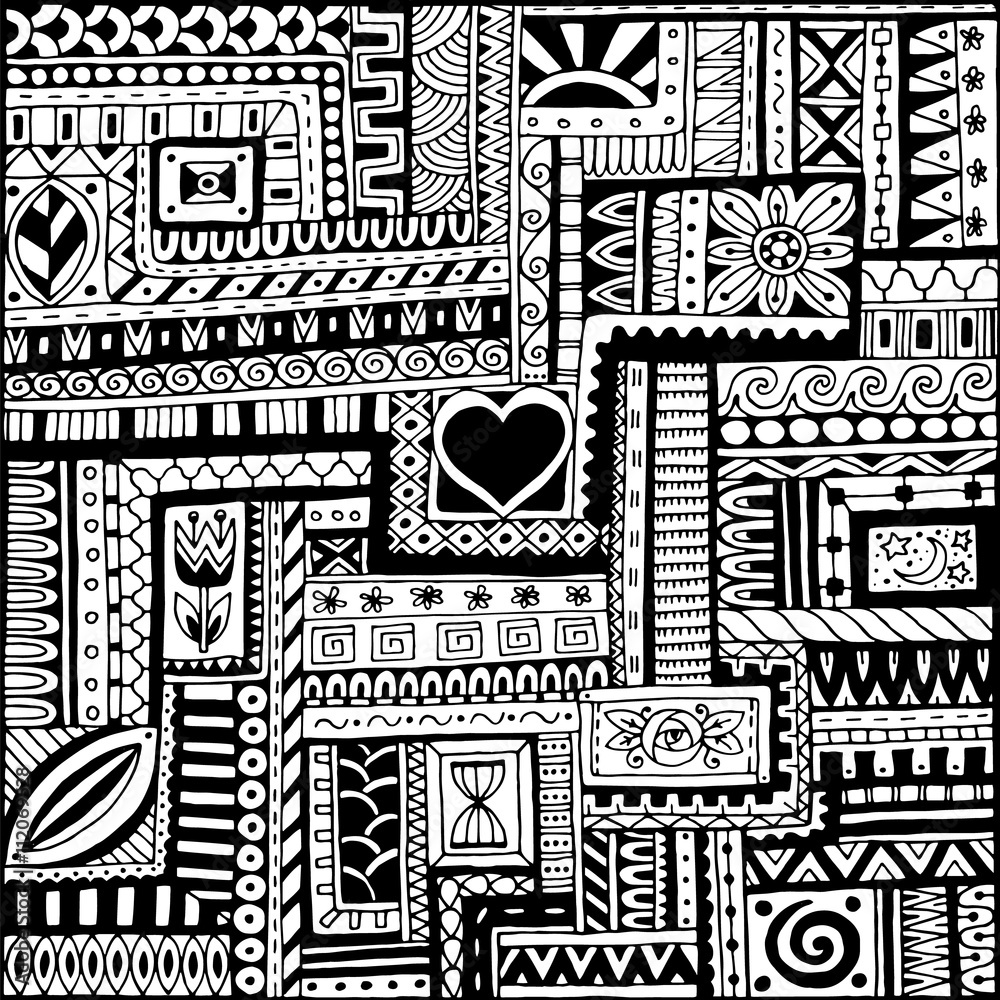 Seamless asian ethnic floral retro doodle black and white background pattern in vector. Henna paisley mehndi doodles design tribal black and white pattern