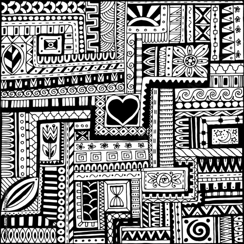Seamless asian ethnic floral retro doodle black and white background pattern in vector. Henna paisley mehndi doodles design tribal black and white pattern
