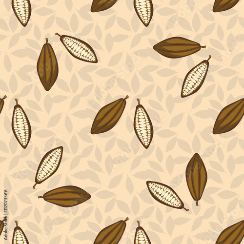 Cacao beans seamless pattern. Chocolate background. Organic raw cacao beans beige pattern.