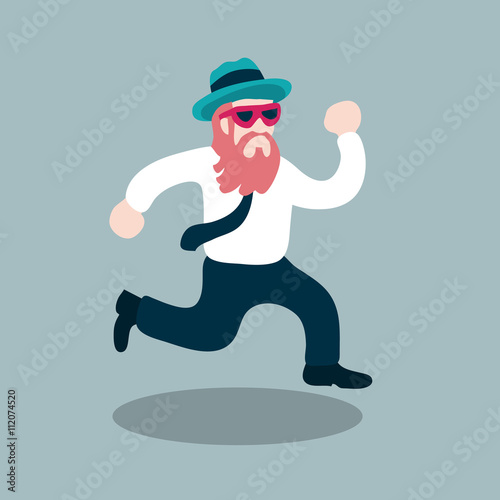 businessman in hippie style is running like hurry, rush hour