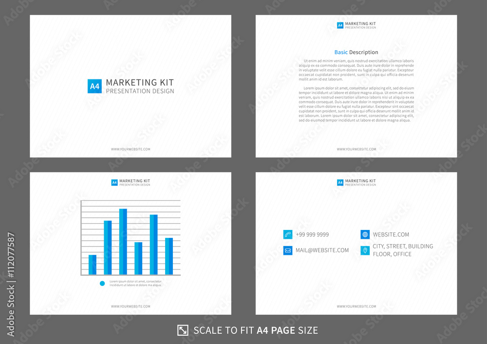 Marketing kit presentation vector template. Modern business presentation creative design. Power layout with diagrams and charts. Marketing kit visualization template. Easy to use, edit and print.
Marketing kit presentation vector template. Modern business presentation creative design. Power layout with diagrams and charts. Marketing kit visualization template. Easy to use, edit and print.