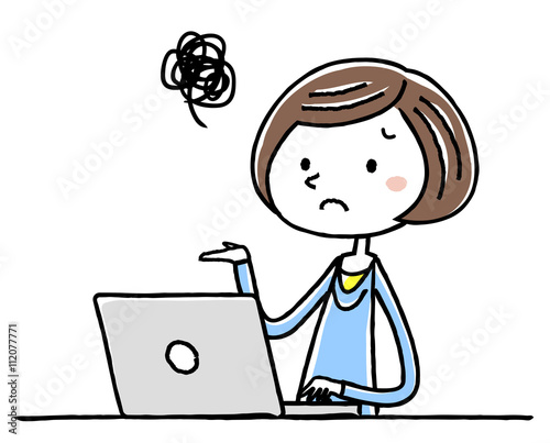 イラスト素材：若い女性　パソコン　困惑
