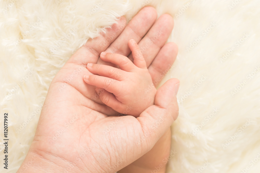 Hand the sleeping baby in the hand of mother close-up (Soft focu Hand the sleeping baby in the hand of mother close-up (Soft focu