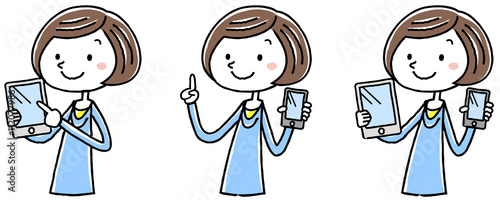 イラスト素材：若い女性　タブレット　スマートフォン　紹介　バリエーション
