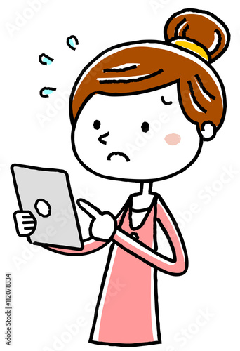イラスト素材：若い女性　タブレット　操作　難しい
