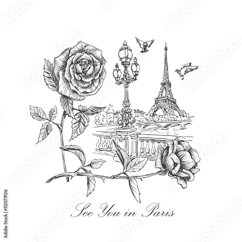 sketch of a quay Seine, the Eiffel Tower, street lights, soaring doves, roses and inscription - See you in Paris