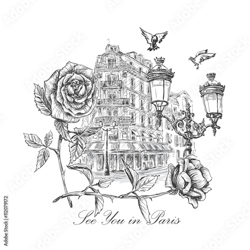 sketch from the streets of Paris street lights, soaring doves, roses and inscription - See you in Paris