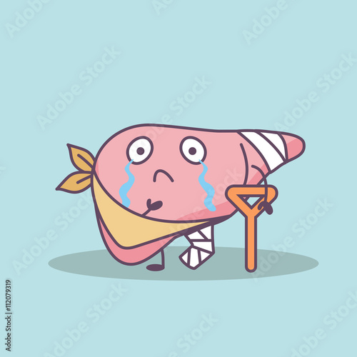 cartoon injured liver with crutch