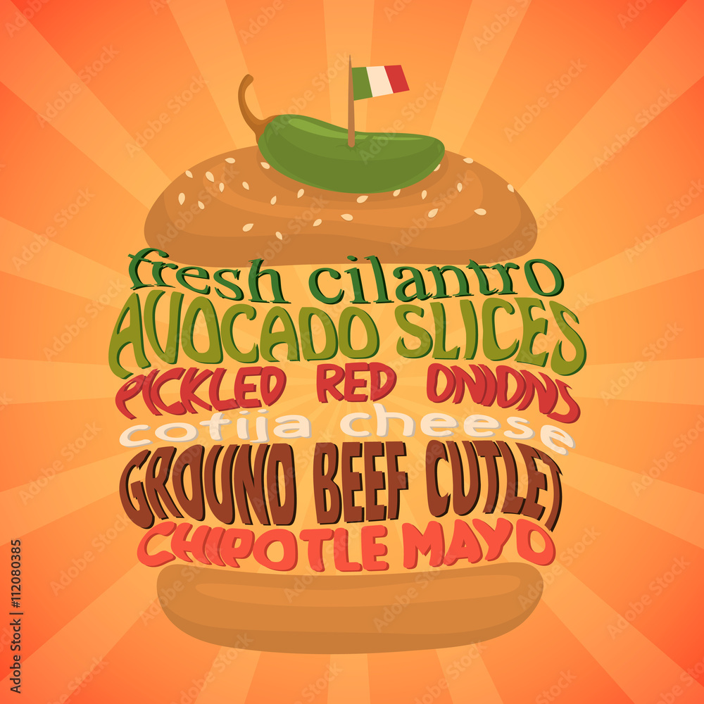 Mexican burger concept. Traditional food. Cilantro, avocado, pickled