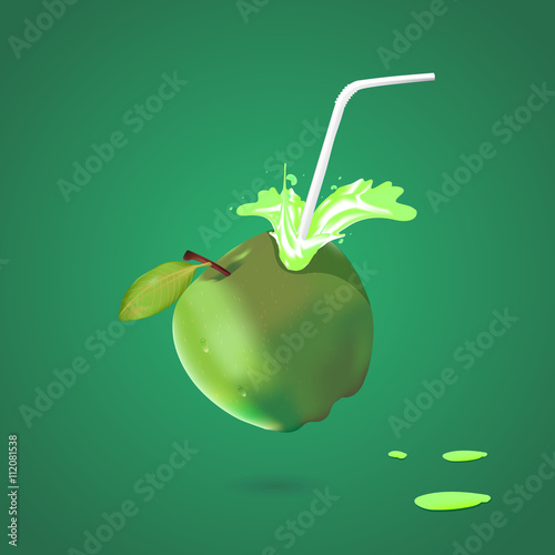 Fresh apple juice featuring an apple with a straw photo