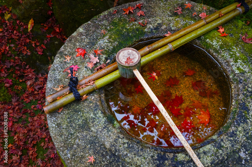 Stone basin in a Japanese garden at Kotoin Temple in Kyoto, Japan photo