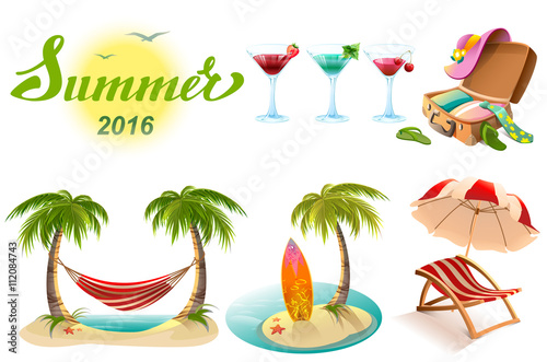 Summer 2016 lettering text. Set of objects symbol of summer vacation