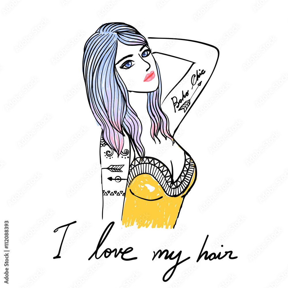 Hand drawing of Girl, Sexy girl, Boho girl, Boho chic, Young beautiful  woman with tattoo for T- Shirt design,poster and element for designs -  Stock vector Stock Vector | Adobe Stock