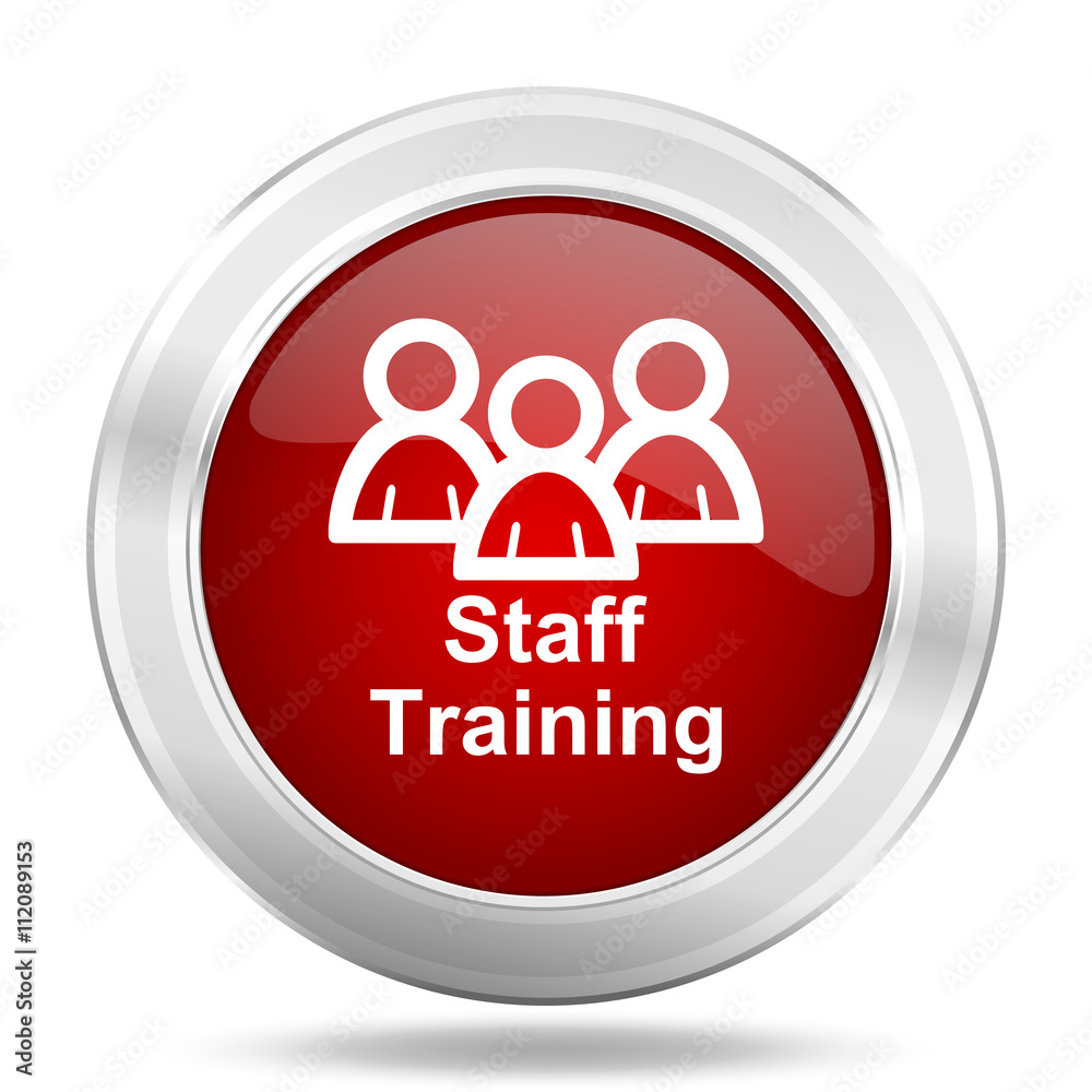 Staff Training icon. Red round glossy metallic button. Web and mobile app design illustration Staff Training icon. Red round glossy metallic button. Web and mobile app design illustration