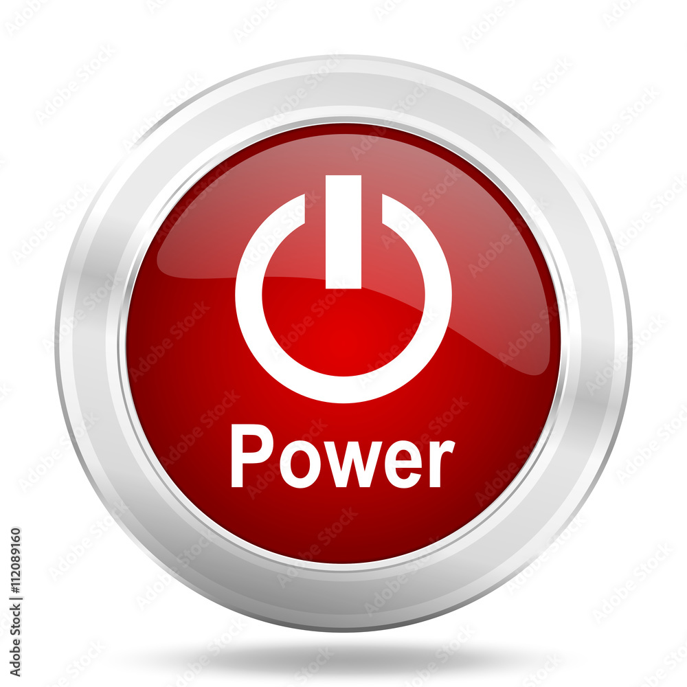 Power icon. Red round glossy metallic button. Web and mobile app design illustration Power icon. Red round glossy metallic button. Web and mobile app design illustration