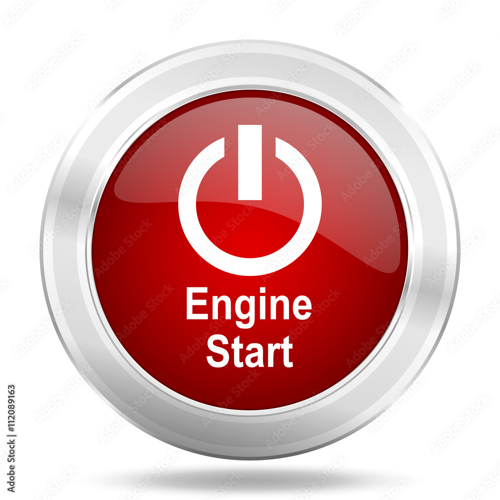 Engine start icon. Red round glossy metallic button. Web and