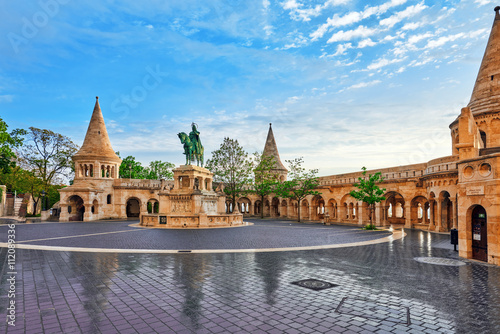 View on the Old Fisherman Bastion in Budapest. Statue Saint Istv photo