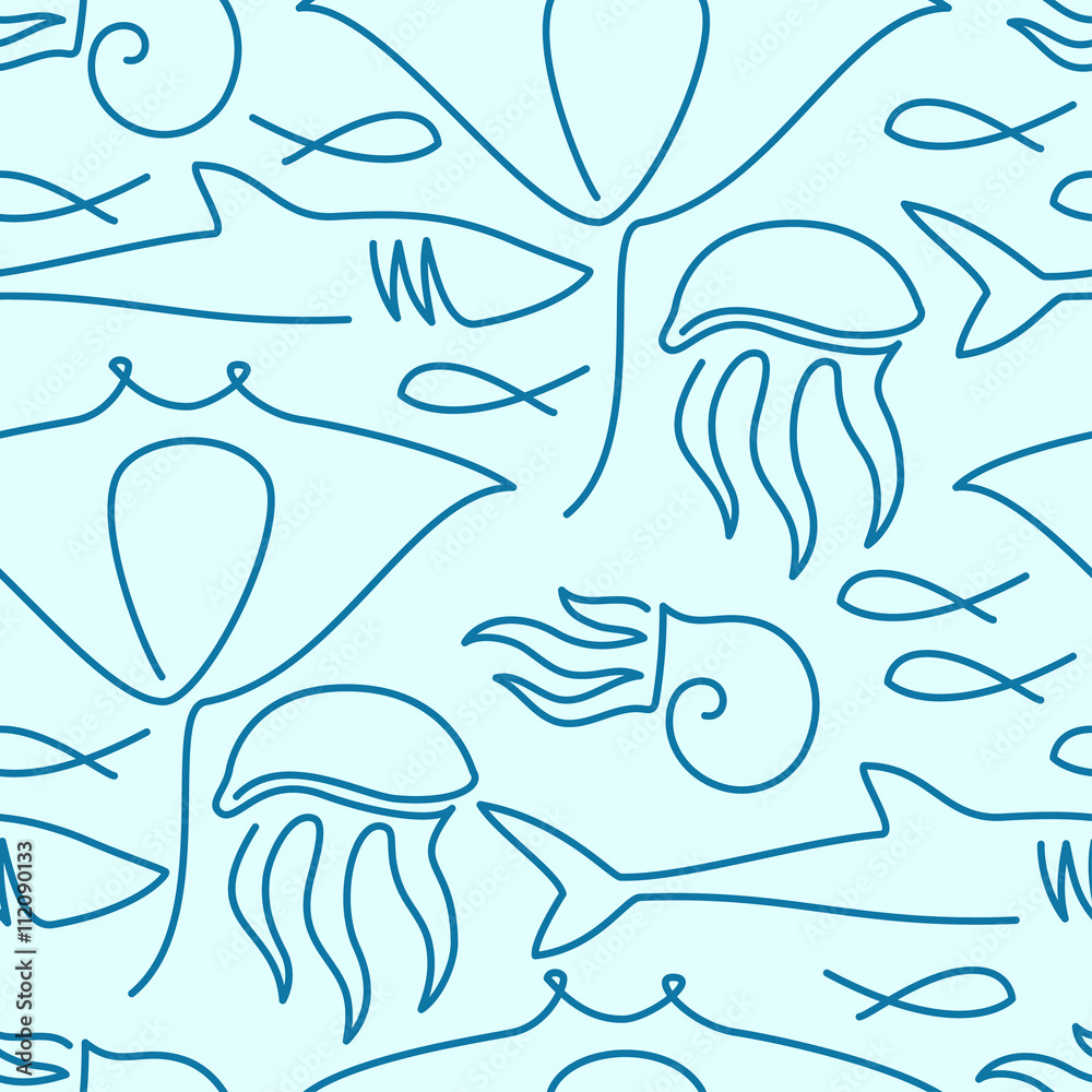 Fototapeta premium Seamless pattern made of sea fauna drawn with one line