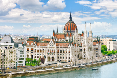 Hungarian Parliament at daytime. Budapest. View from Danube rive