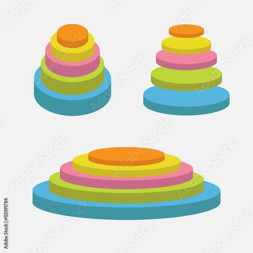 Colorful round stage podium set. Empty pedistal for display. 3d realistic platform for design. Isolated. White background. Template. Flat design.