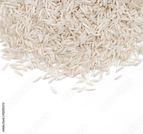 White rice on white background. Close up, top view, high resolution product.