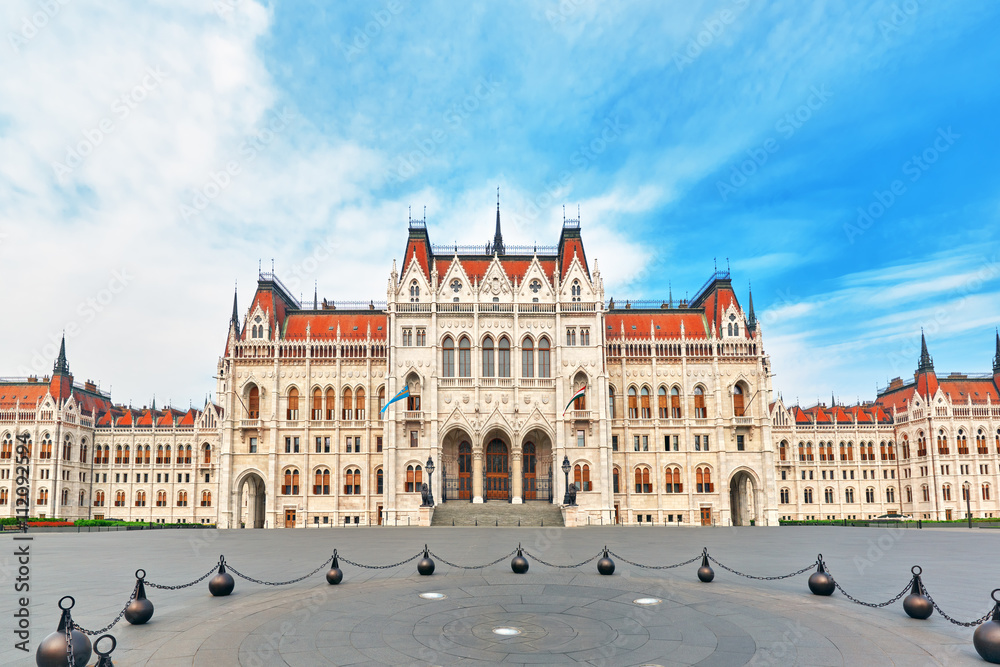 Hungarian Parliament Main Entrance. Panoramic view. Hangary.