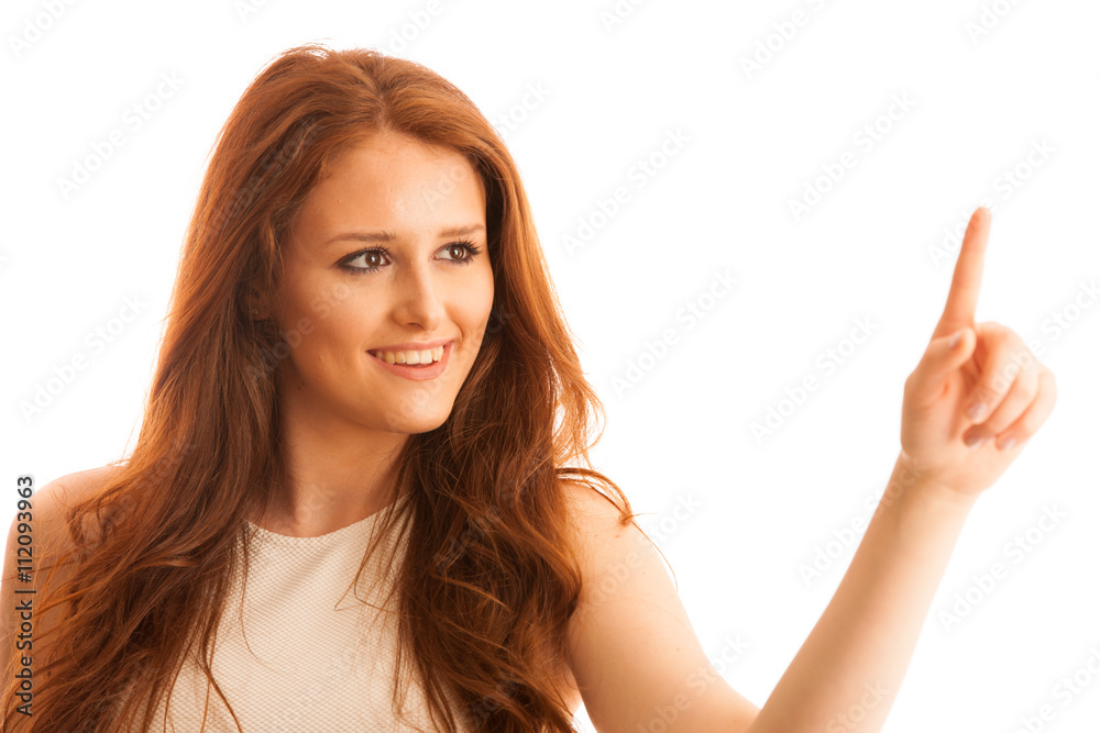 Business woman pointing to copy space while presenting a product Business woman pointing to copy space while presenting a product