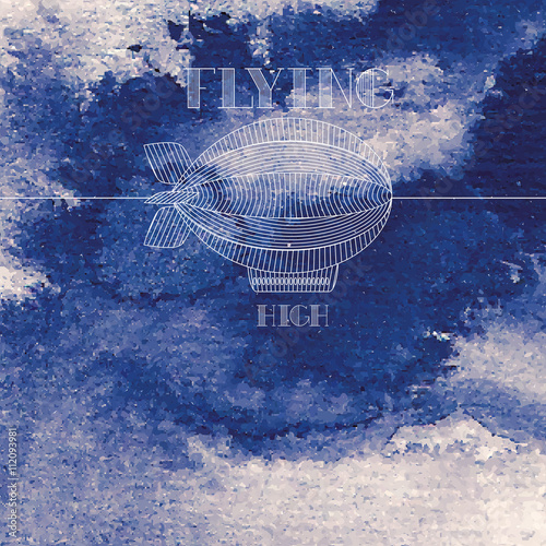 Blurred watercolor background with white dirigible line art