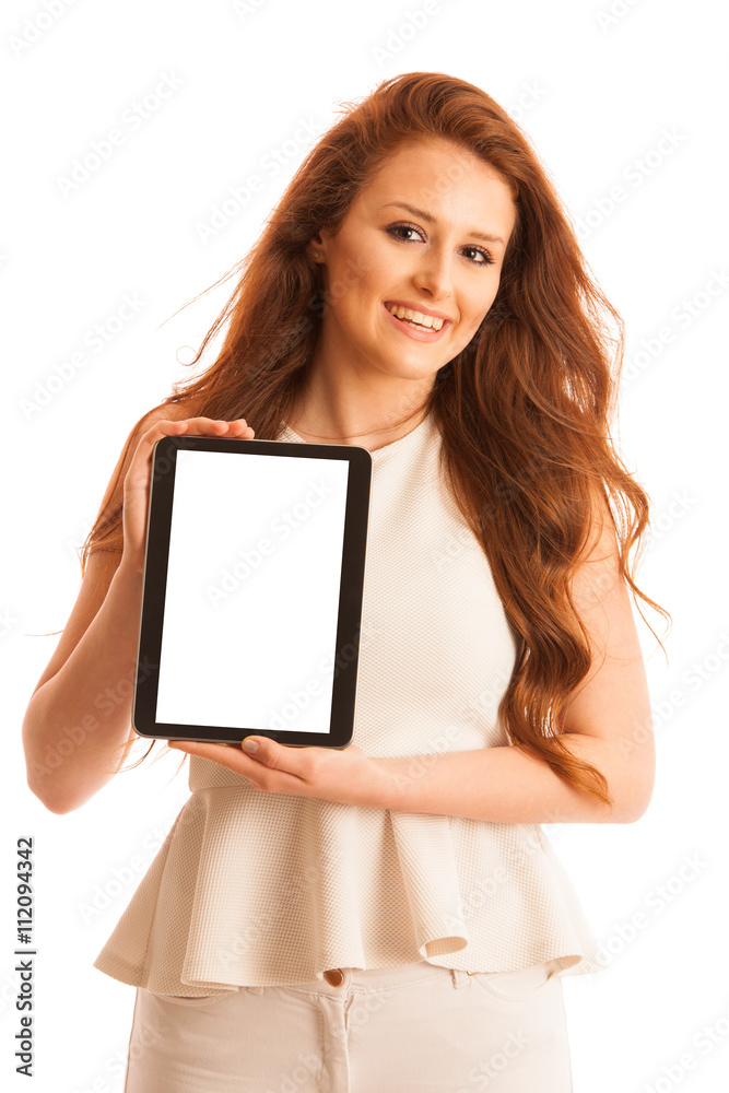 Business woman brousing the web on a tablet isolated over white