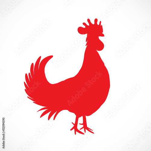 Rooster, cock, red Chinese zodiac illustration. Logo, emblem, symbol design. Red hand drawing silhouette isolated on white. Happy new year Chinese Year of the Rooster zodiac emblem 2017.
