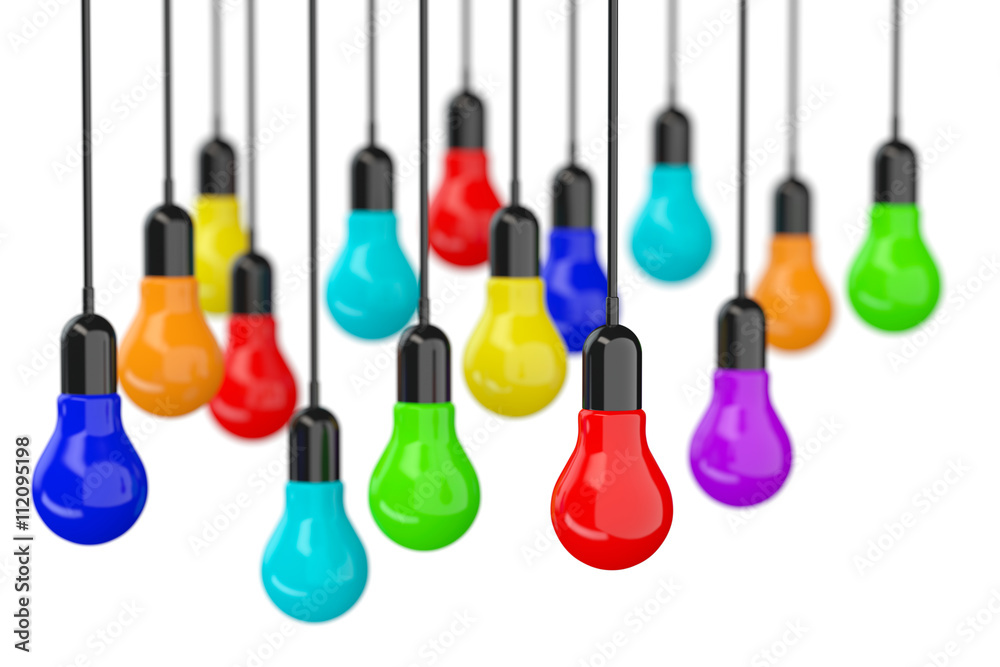 Ideas Concept. Many colourful Light Bulbs. 3d Rendering Ideas Concept. Many colourful Light Bulbs. 3d Rendering