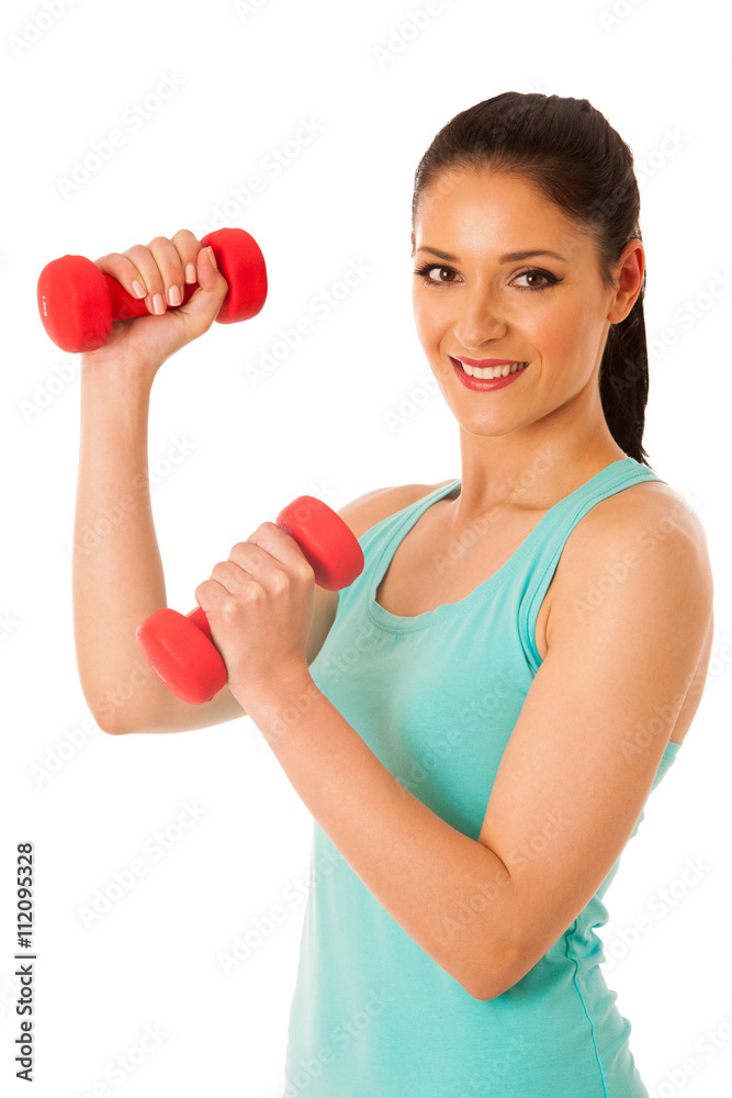 active woman with dumbbells workout in fitness gym isolated over active woman with dumbbells workout in fitness gym isolated over