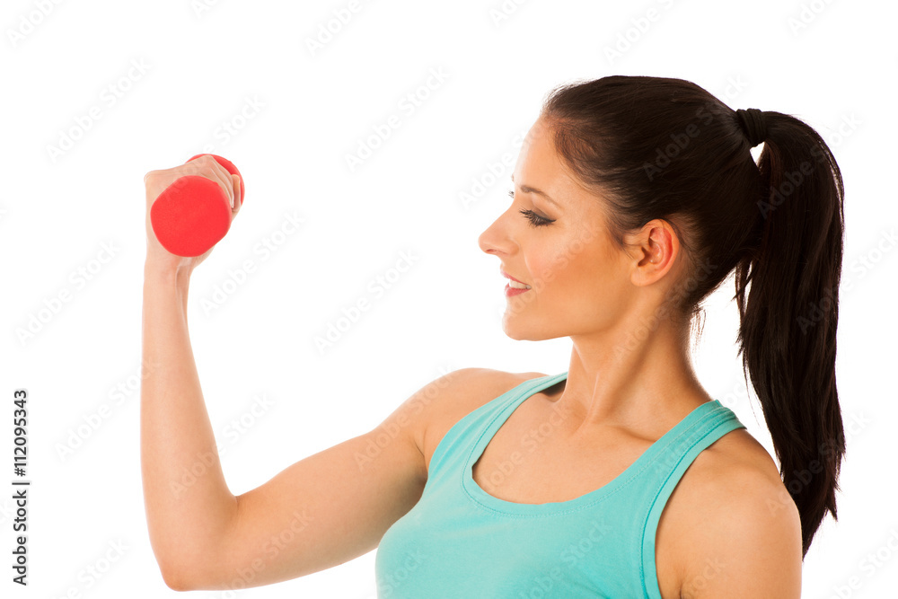 active woman with dumbbells workout in fitness gym isolated over active woman with dumbbells workout in fitness gym isolated over