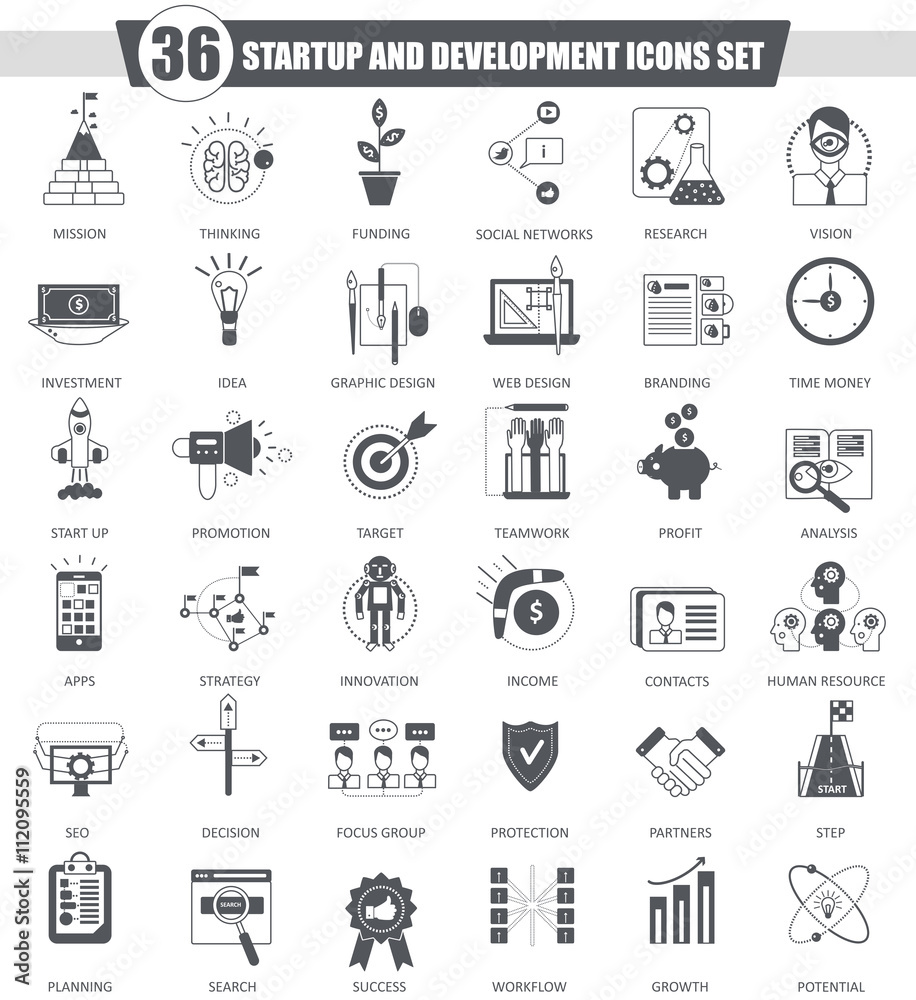 Fototapeta premium Vector Startup and development black icon set. Dark grey classic icon design for web.