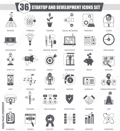 Vector Startup and development black icon set. Dark grey classic icon design for web.